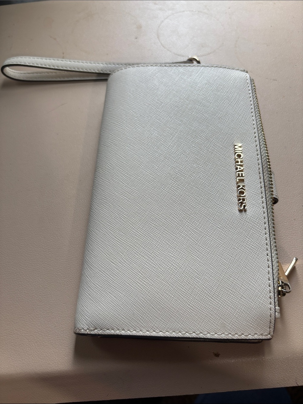 Michael Kors Ivory Saffiano Leather Wristlet Clutch with Gold Logo